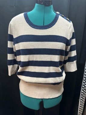 Liz Claiborne Navy and Cream Striped Crewneck Sweater with Shoulder Buttons